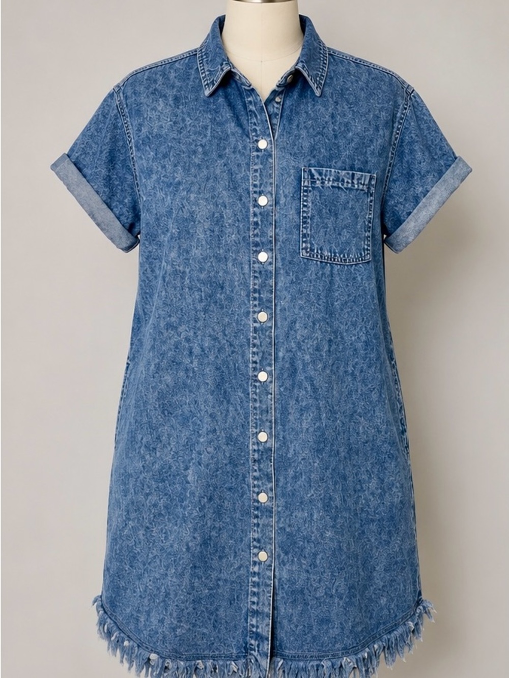 Denim-Look Button-Up Shirt Dress in Faded Blue